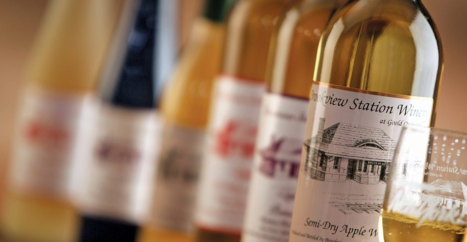 Assorted bottles of fruit wine from Brookview Station Winery