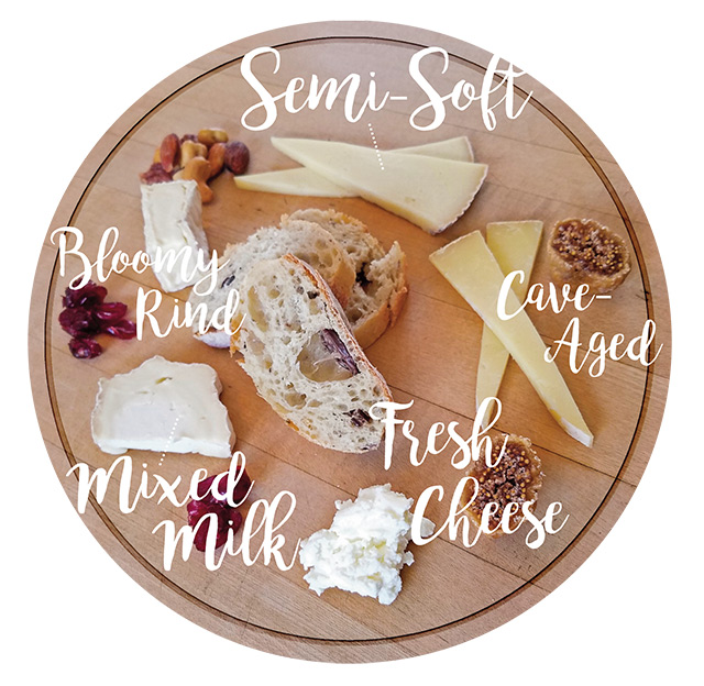 Round wooden cheesboard with cheese.