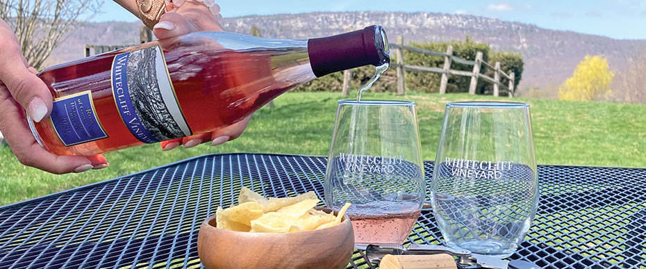 hand holding bottle of rose pouring wine into glass