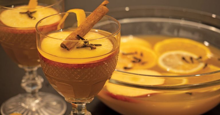 closeup of glass of hot apple cider with cinnamon stick and apple garnish with bowl of drink in the background