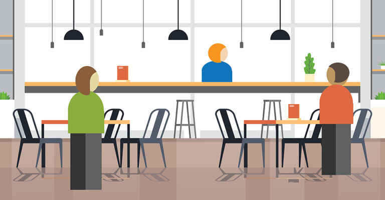 illustration showing inside of restaurant and three cartoon people
