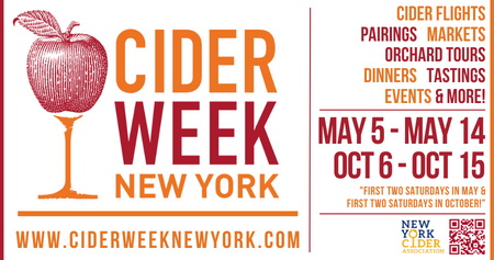 advertisement for Cider Week New York, May 5-14, and October 6-15, 2023.